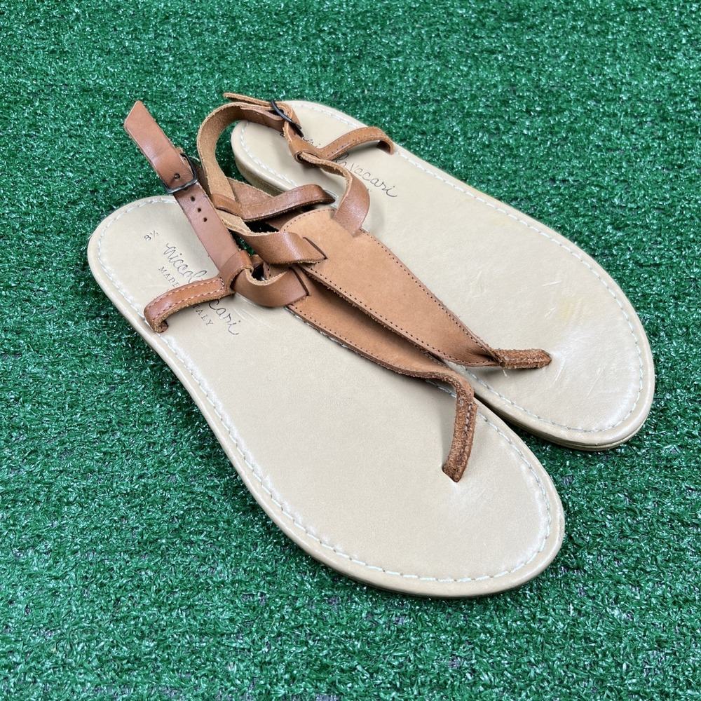 Niccolo Vacari Brown Leather Thong T-Strap Sandals Flats 8.5 Made In Italy
